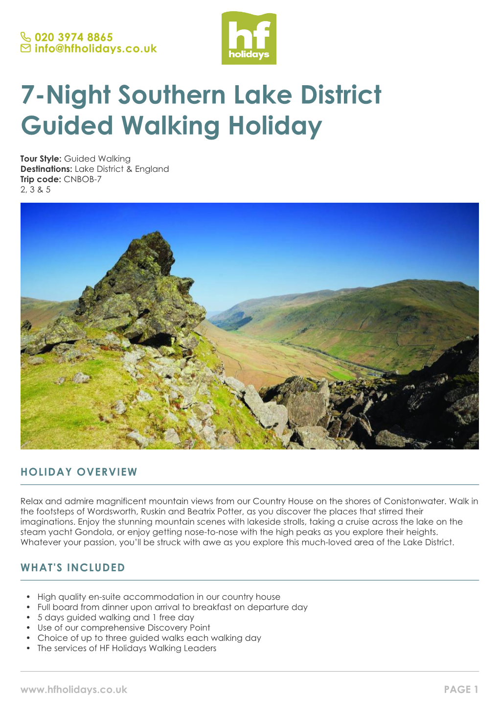 7-Night Southern Lake District Guided Walking Holiday