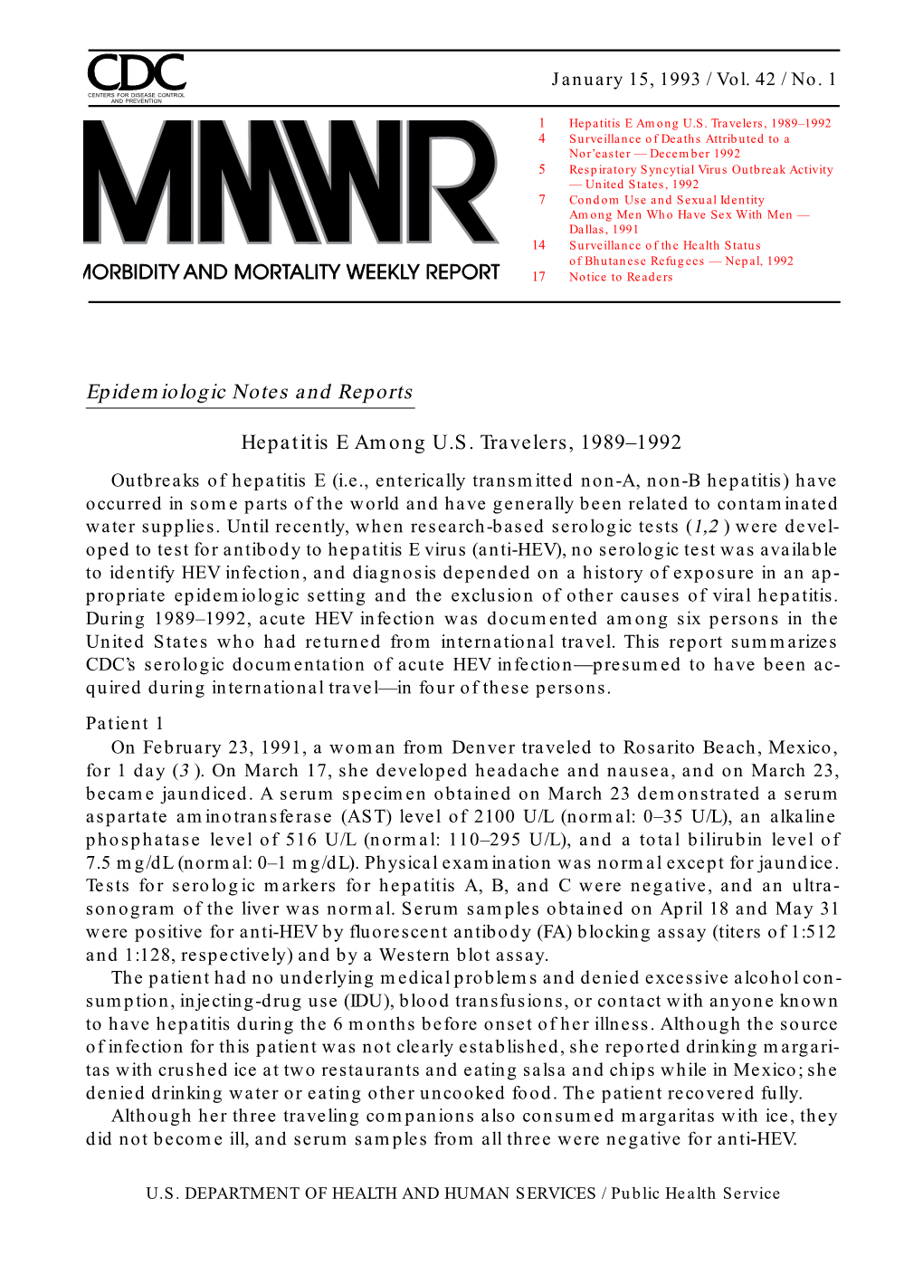 Epidemiologic Notes and Reports Hepatitis E Among U.S. Travelers