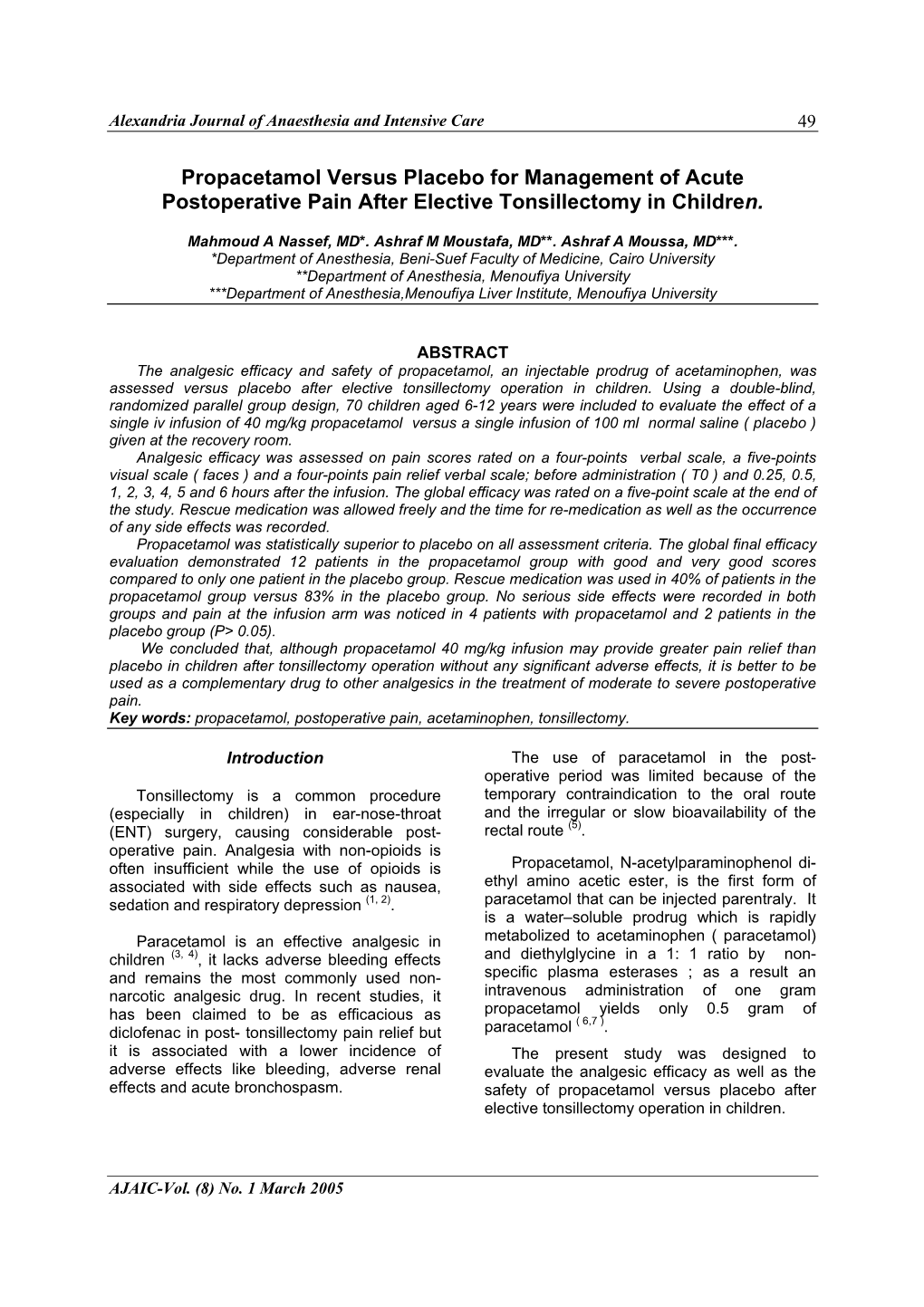 (8) No. 1 March 2005 Alexandria Journal of Anaesthesia and Intensive Care 50