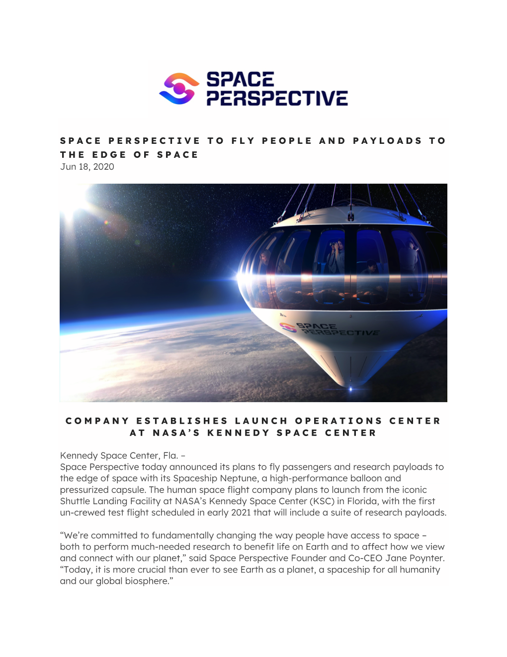 SPACE PERSPECTIVE to FLY PEOPLE and PAYLOADS to the EDGE of SPACE Jun 18, 2020