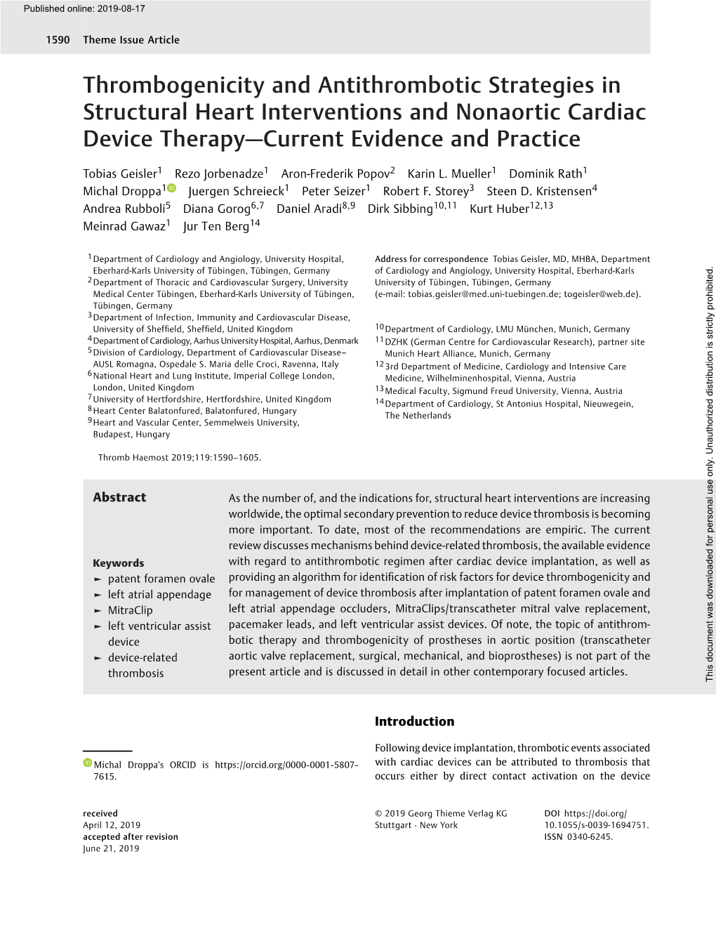 Thrombogenicity and Antithrombotic Strategies in Structural Heart Interventions and Nonaortic Cardiac Device Therapy—Current Evidence and Practice