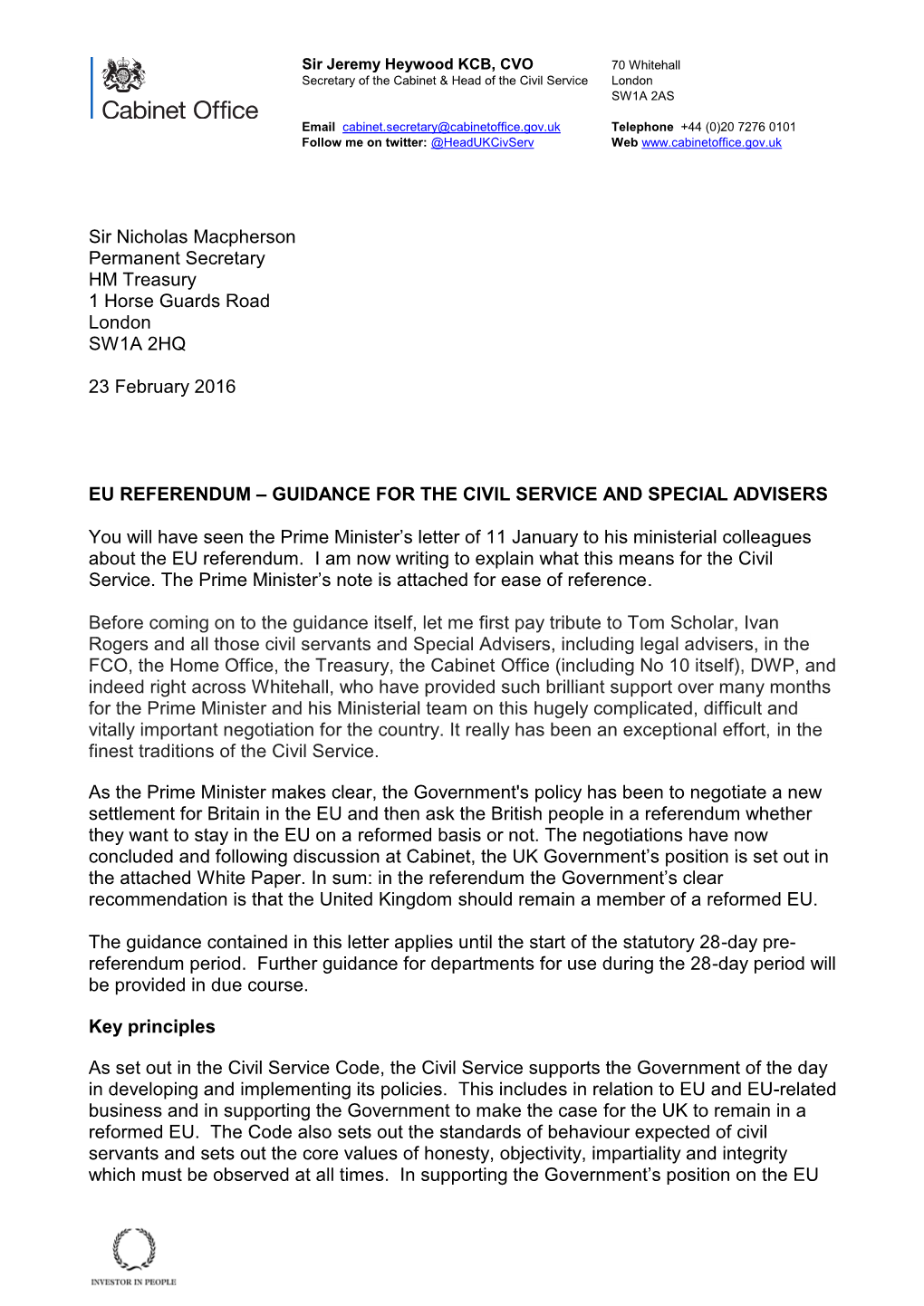 Eu Referendum – Guidance for the Civil Service and Special Advisers