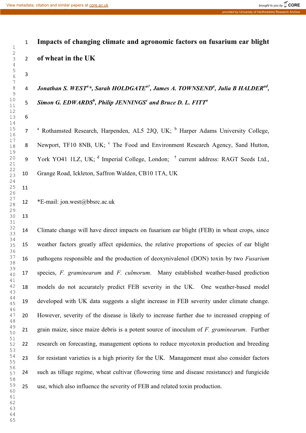 Impacts of Changing Climate and Agronomic Factors on Fusarium Ear Blight 1 2 3 2 of Wheat in the UK 4 5 6 3 7 8 4 Jonathan S