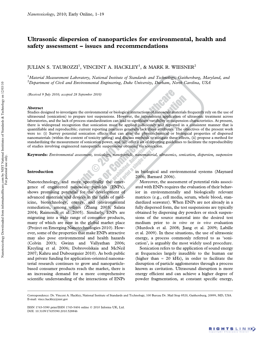 Ultrasonic Dispersion of Nanoparticles for Environmental, Health and Safety Assessment – Issues and Recommendations