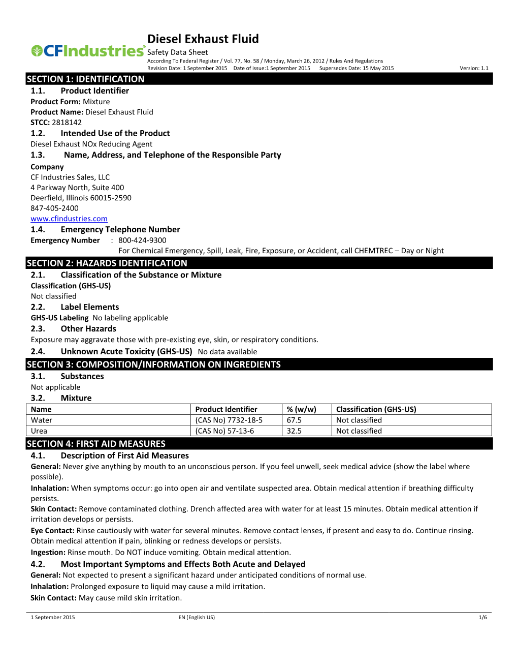 Diesel Exhaust Fluid MSDS (Material Safety Data Sheets