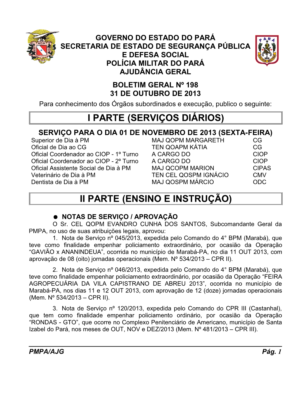 I Parte (Serviços Diários) Ii Parte (Ensino E Instrução)