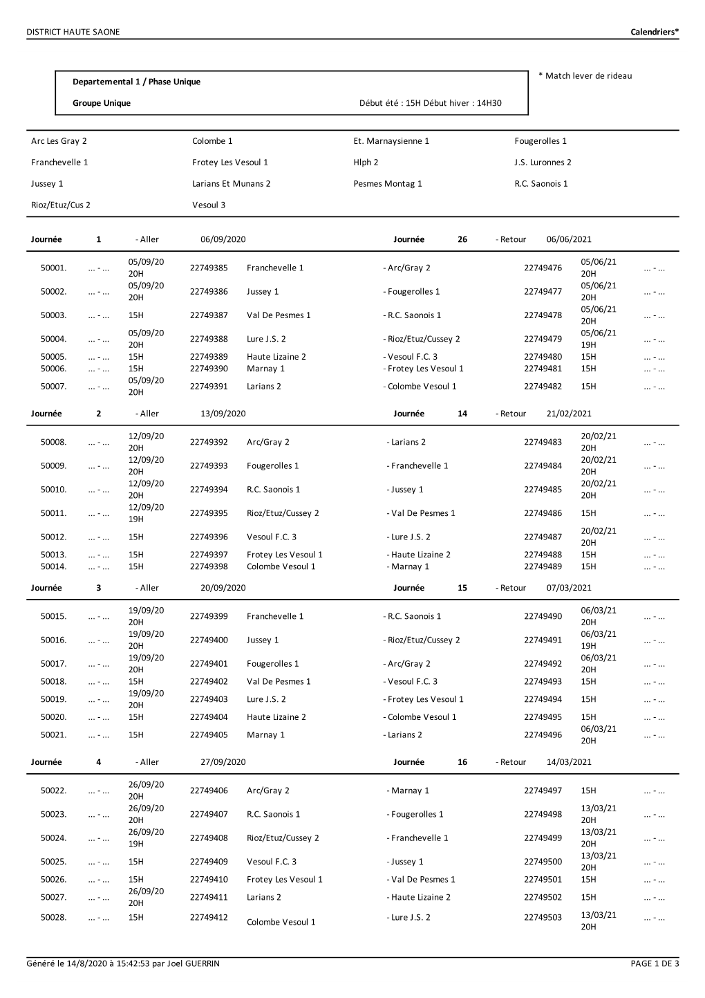 DISTRICT HAUTE SAONE Calendriers* Généré Le 14/8/2020 À 15:42:53 Par Joel GUERRIN PAGE 1 DE 3 Departemental 1 / Phase Unique