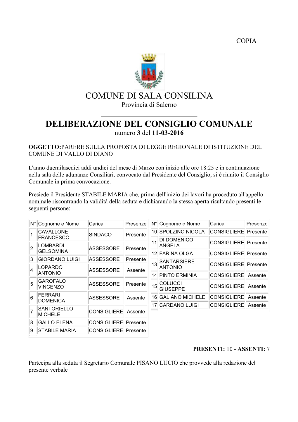 Comune Di Sala Consilina Deliberazione Del Consiglio