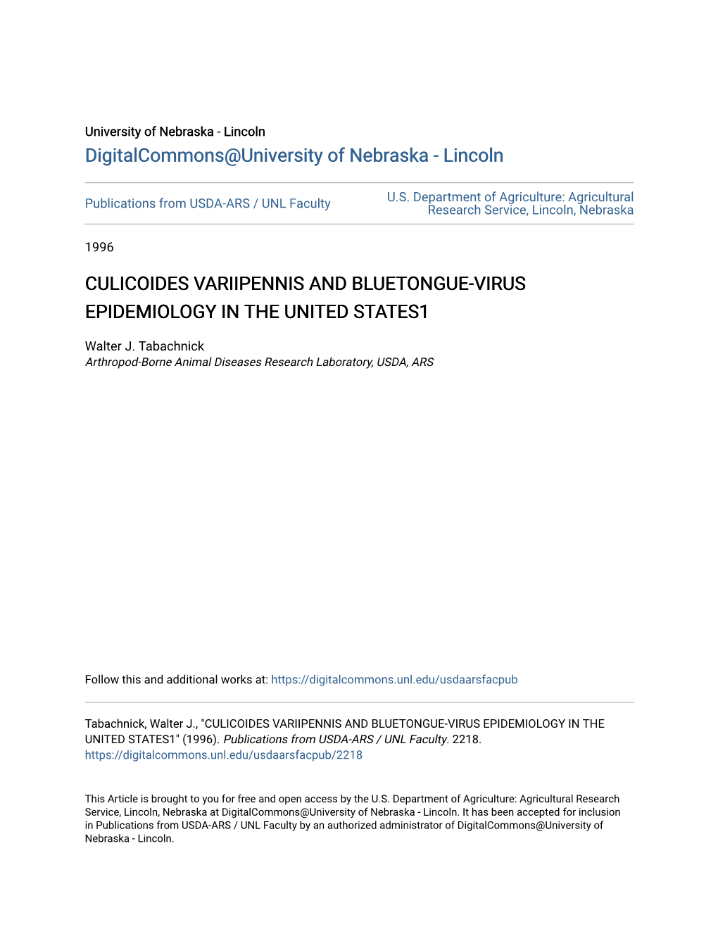 Culicoides Variipennis and Bluetongue-Virus Epidemiology in the United States1