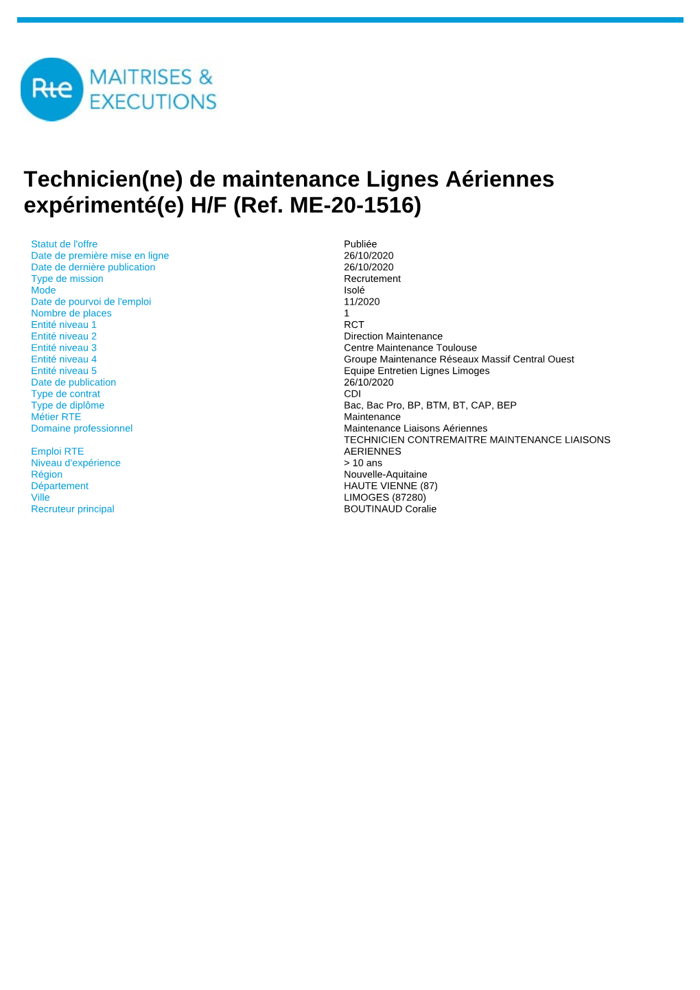 Technicien(Ne) De Maintenance Lignes Aériennes Expérimenté(E) H/F (Ref