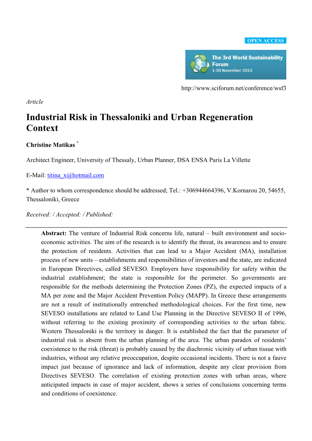 Industrial Risk in Thessaloniki and Urban Regeneration Context