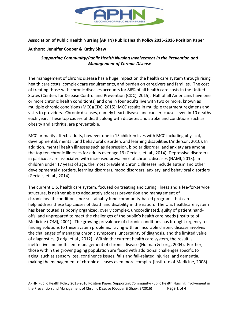 (APHN) Public Health Policy 2015-2016 Position Paper Authors