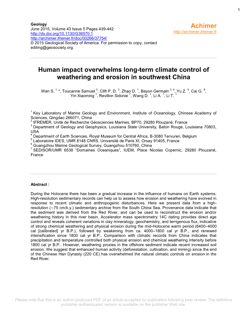 Human Impact Overwhelms Long-Term Climate Control of Weathering and Erosion in Southwest China