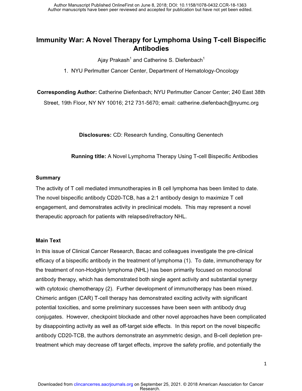 A Novel Therapy for Lymphoma Using T-Cell Bispecific Antibodies Ajay Prakash1 and Catherine S