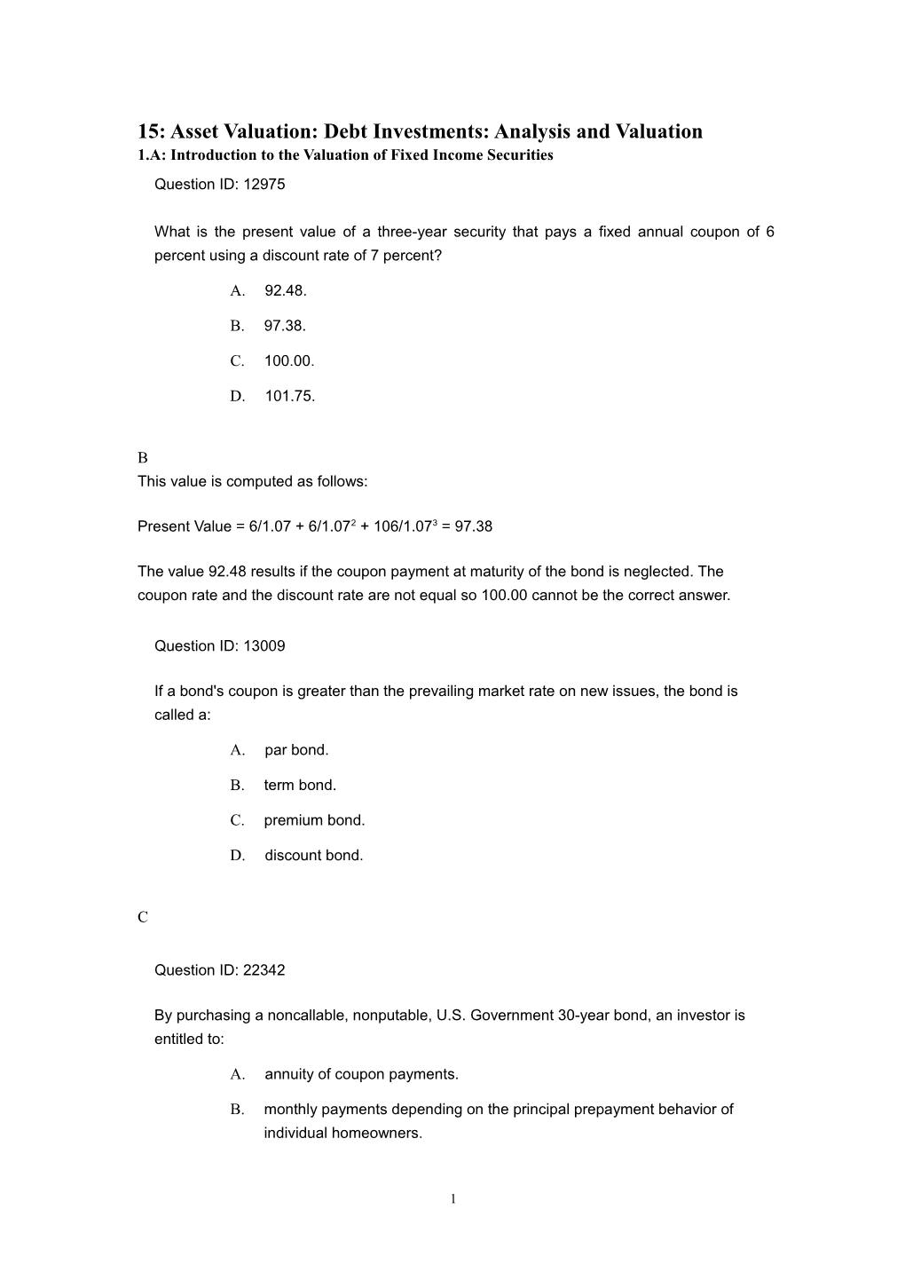 15: Asset Valuation: Debt Investments: Analysis and Valuation