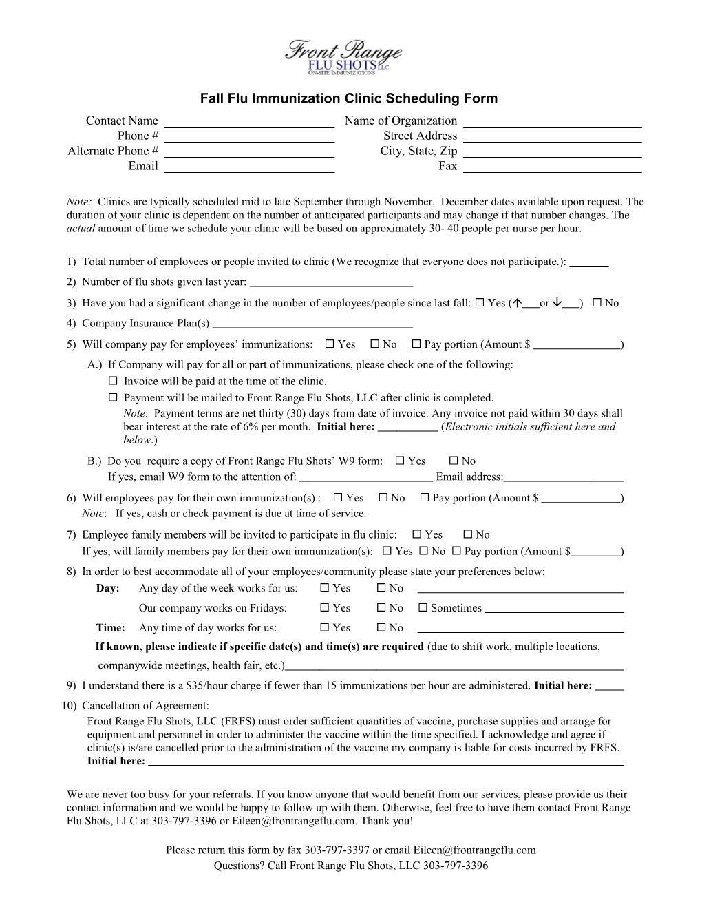 2013 Fall Flu Immunization Clinic Scheduling Form