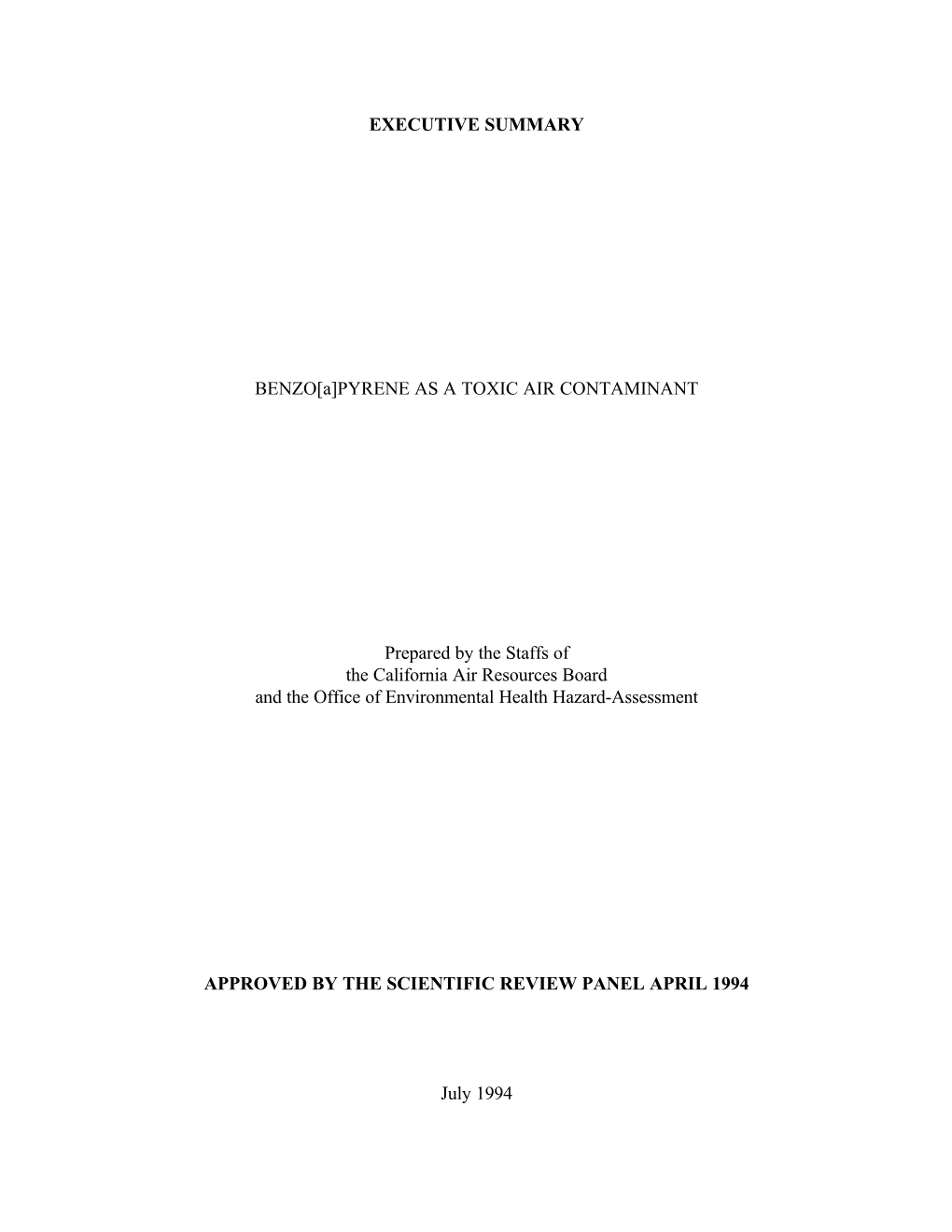 BENZO[A]PYRENE AS a TOXIC AIR CONTAMINANT