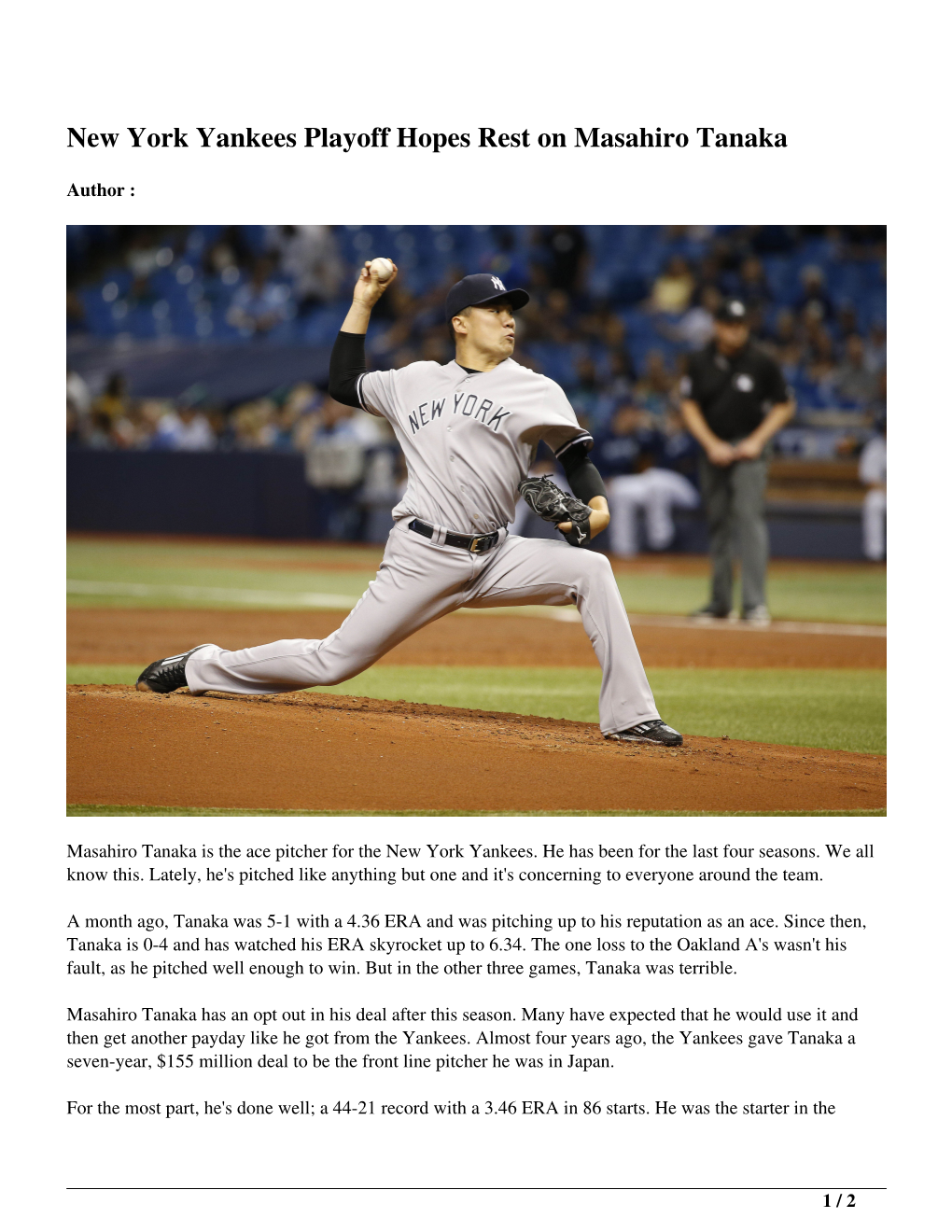 New York Yankees Playoff Hopes Rest on Masahiro Tanaka