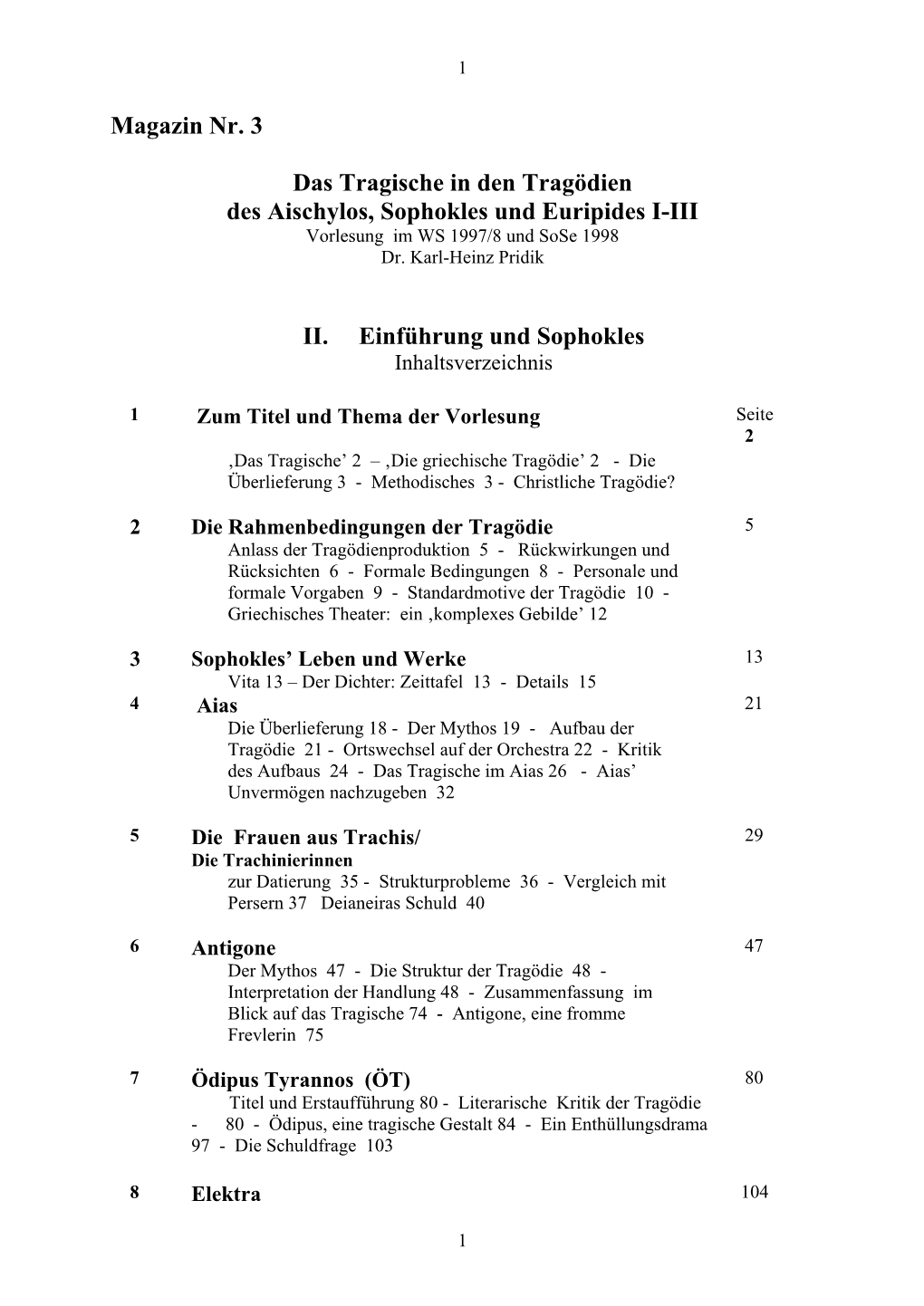 II. Einführung Und Sophokles Inhaltsverzeichnis