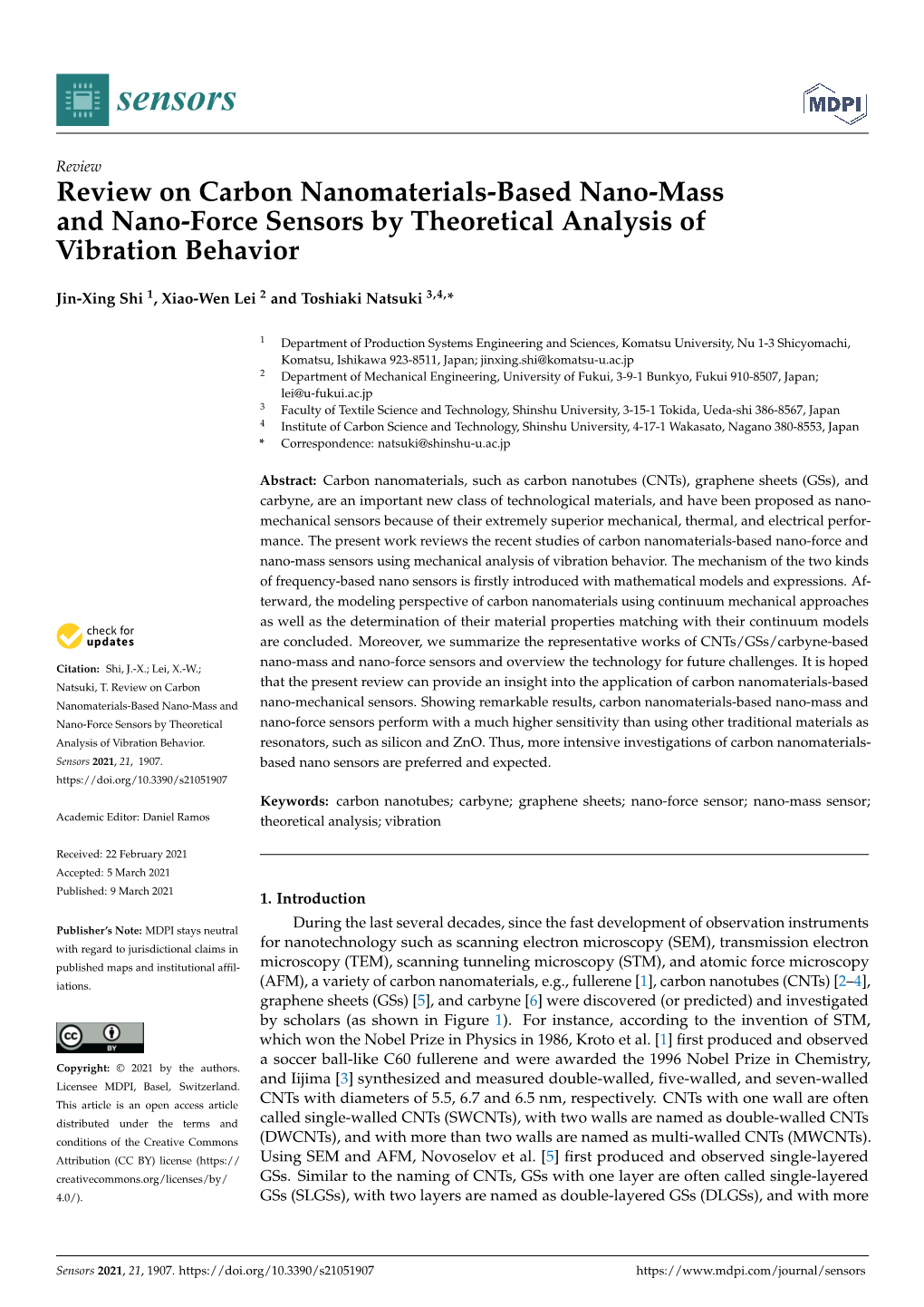 Review on Carbon Nanomaterials-Based Nano-Mass and Nano-Force Sensors by Theoretical Analysis of Vibration Behavior