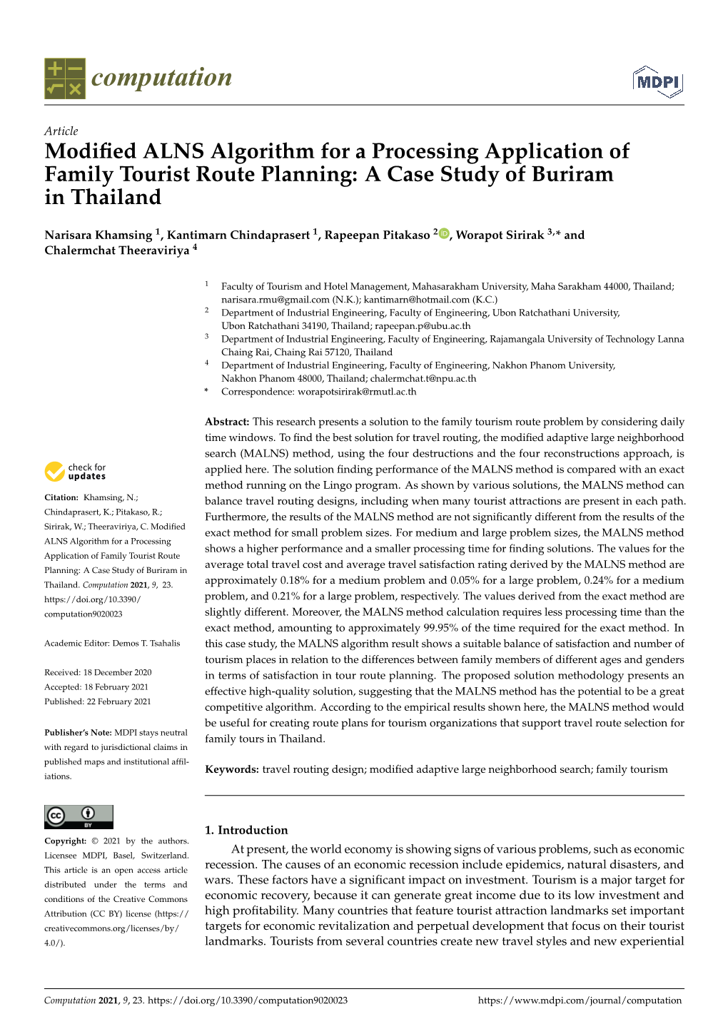 Modified ALNS Algorithm for a Processing Application of Family Tourist Route Planning