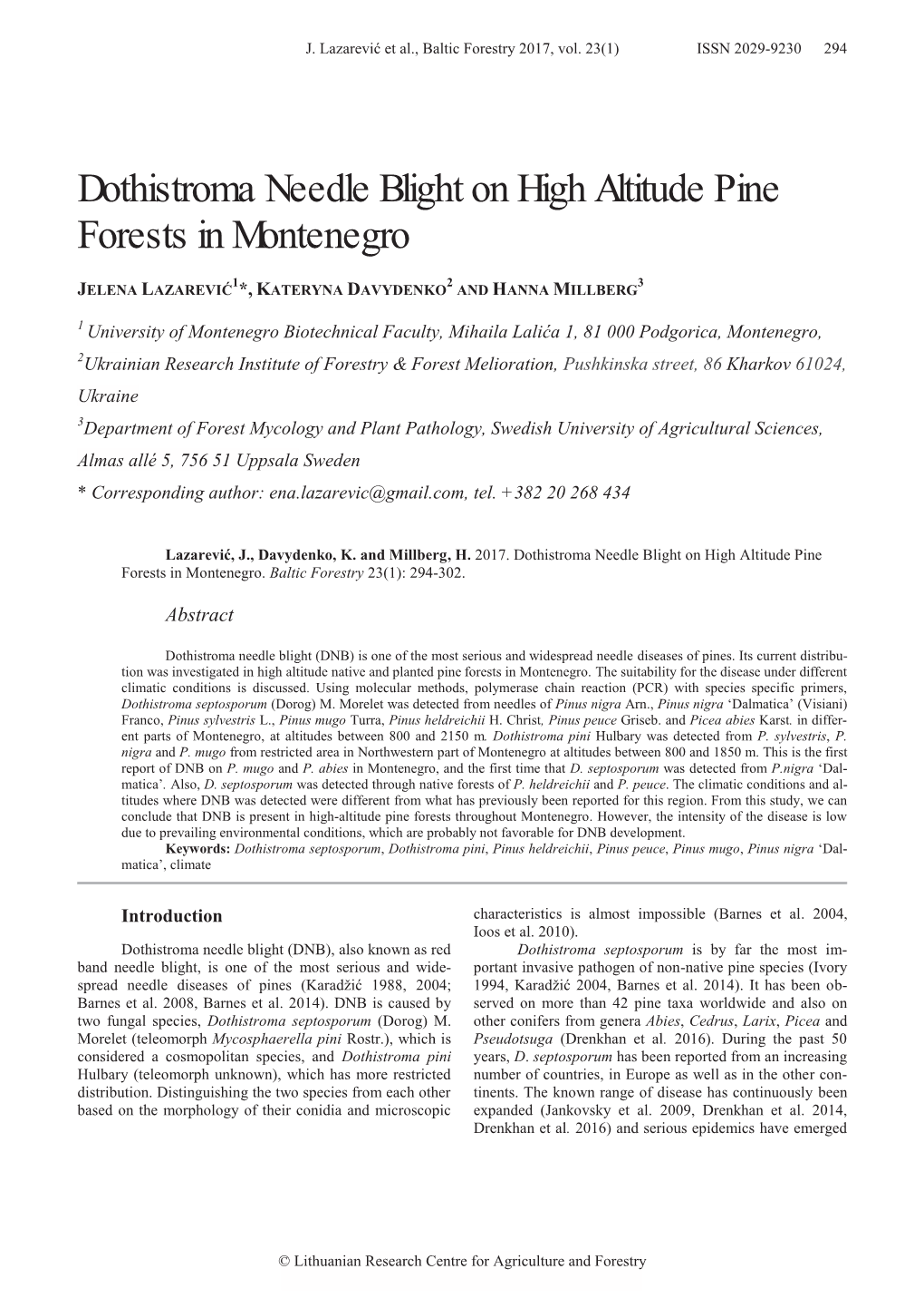 Dothistroma Needle Blight on High Altitude Pine Forests in Montenegro