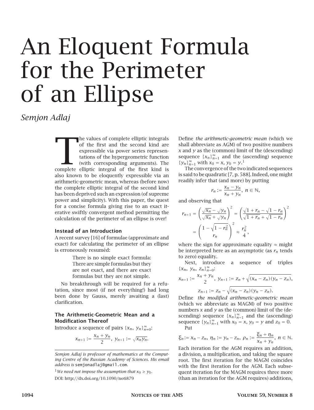 An Eloquent Formula for the Perimeter of an Ellipse Semjon Adlaj