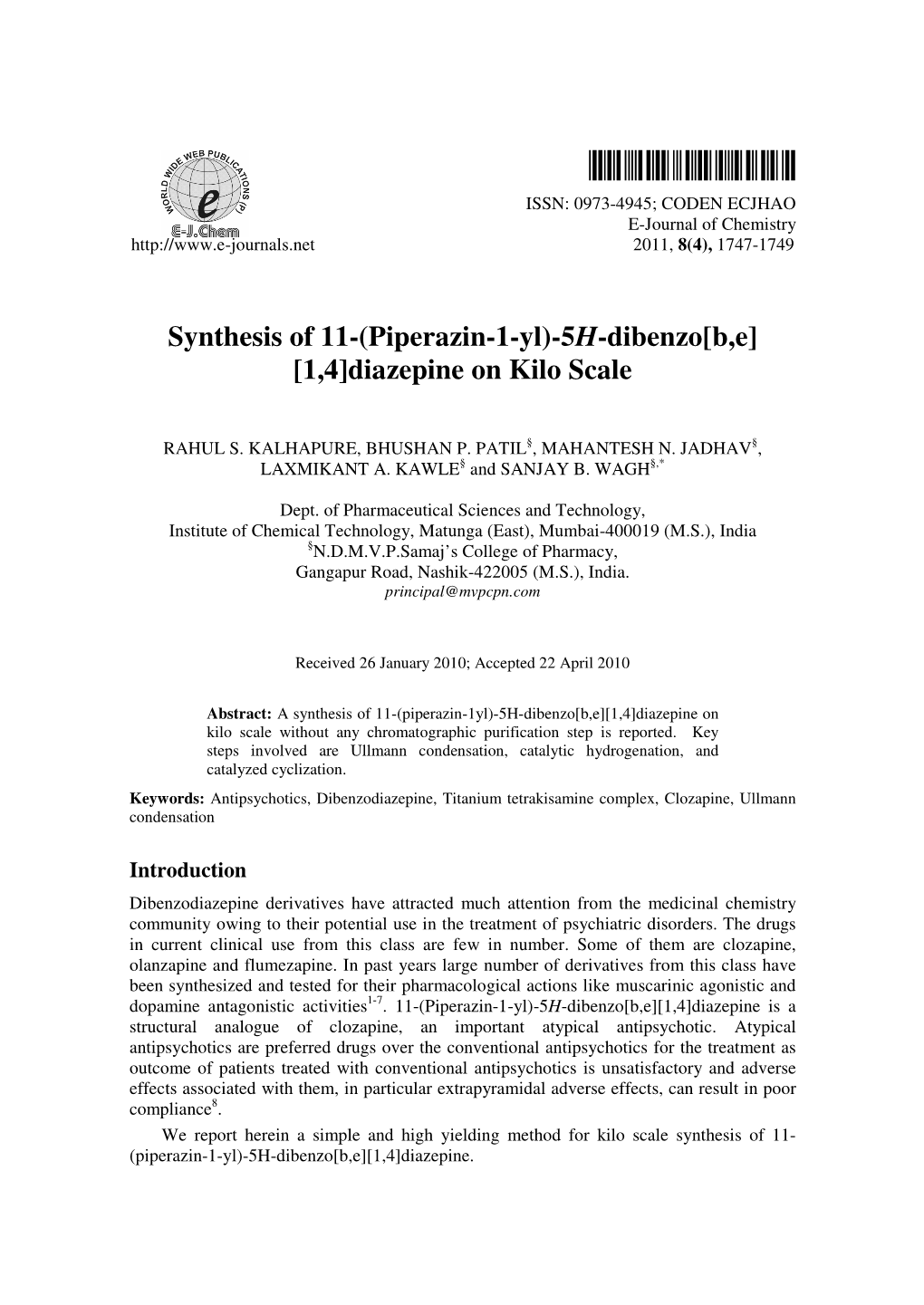 Synthesis of 11-(Piperazin-1-Yl)-5H-Dibenzo [B