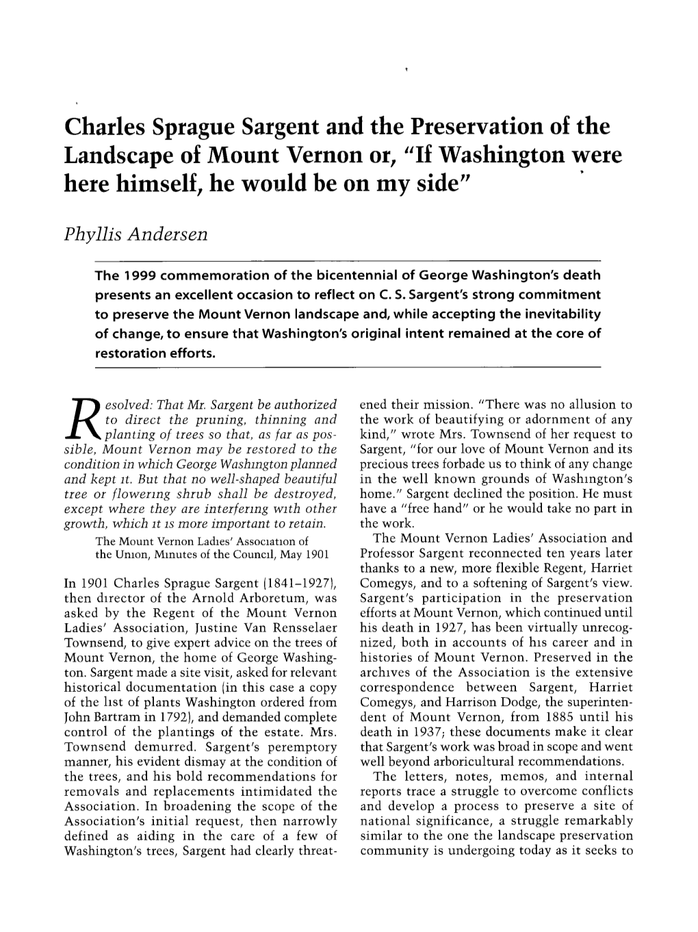 Charles Sprague Sargent and the Preservation of the Landscape of Mount Vernon Or, 