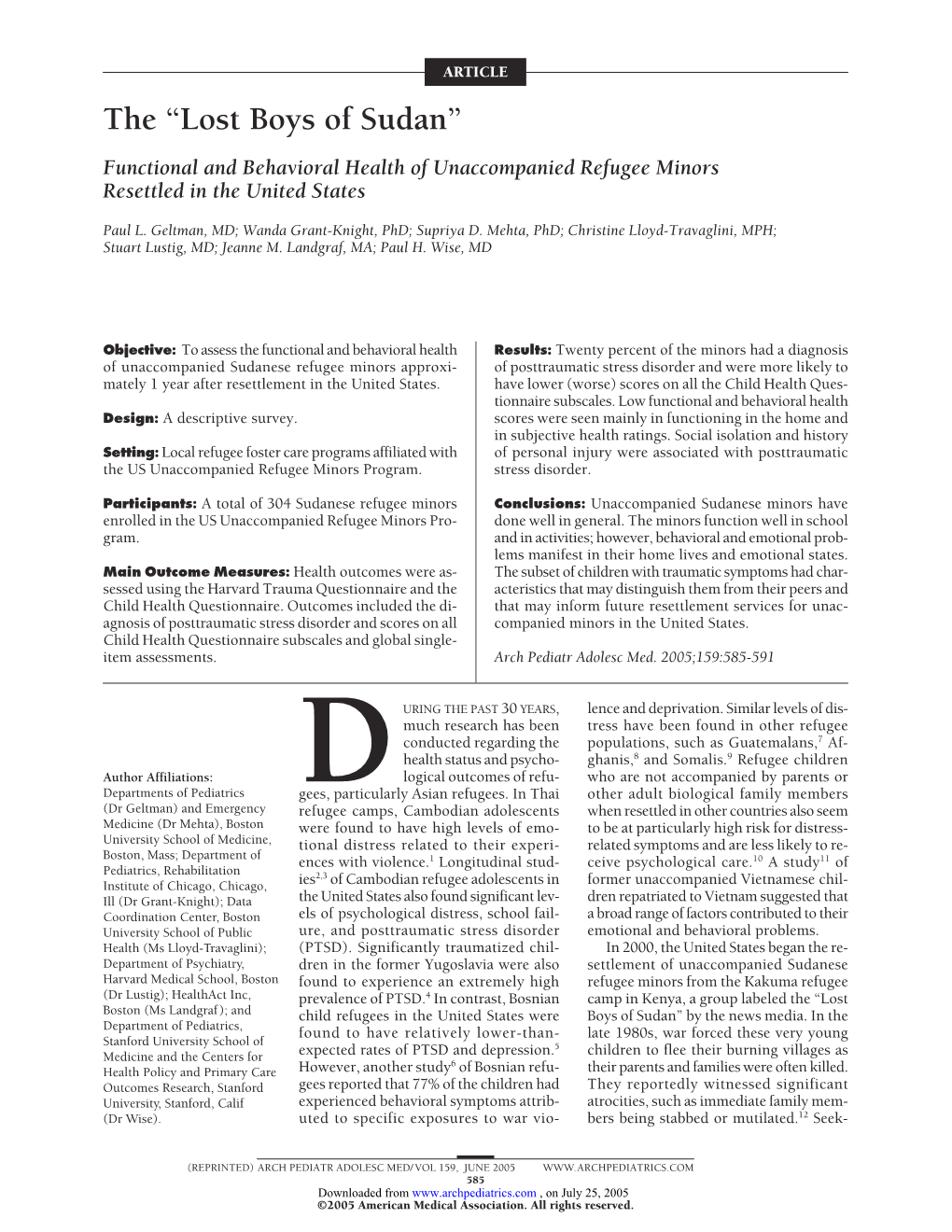 The “Lost Boys of Sudan” Functional and Behavioral Health of Unaccompanied Refugee Minors Resettled in the United States