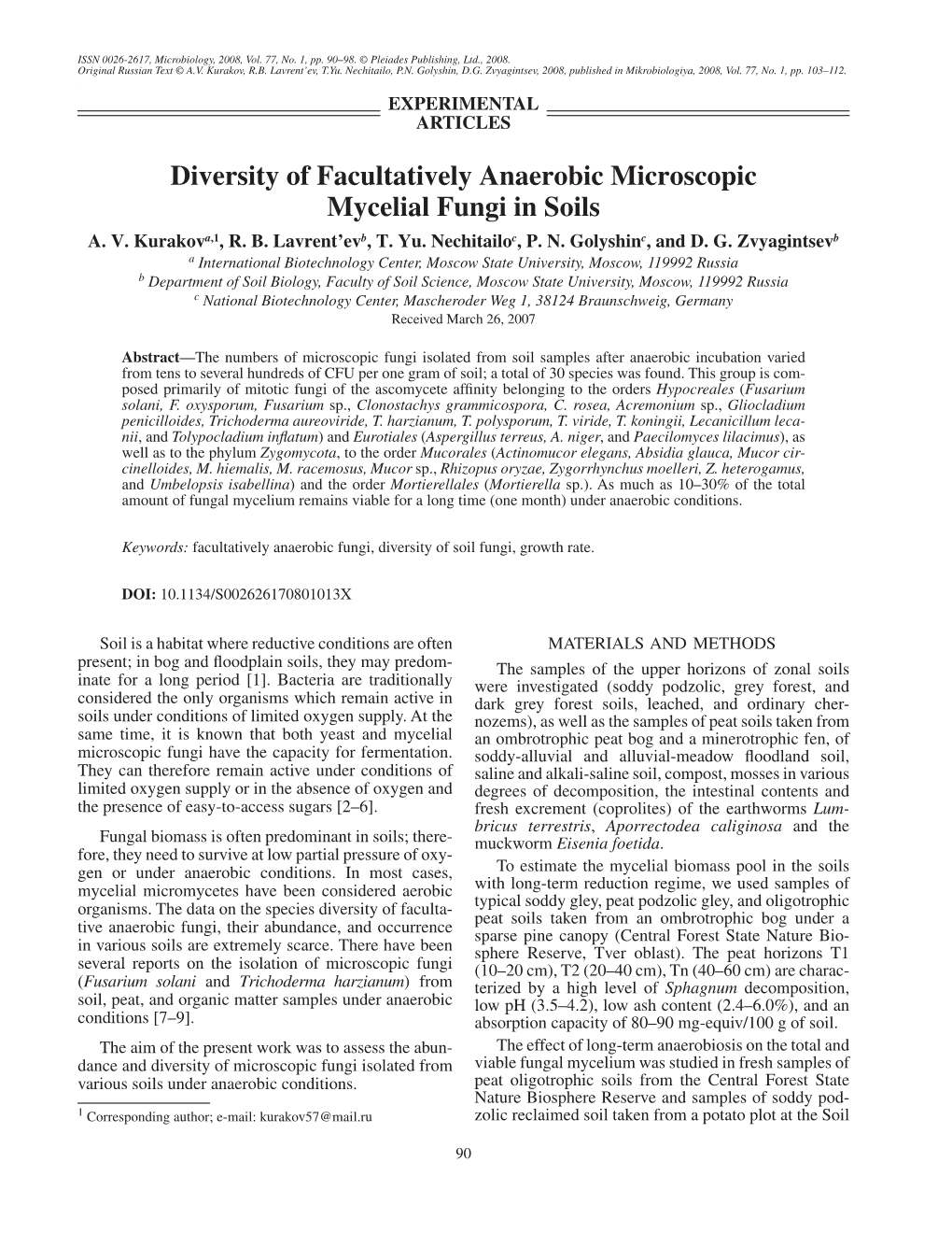 Diversity of Facultatively Anaerobic Microscopic Mycelial Fungi in Soils A