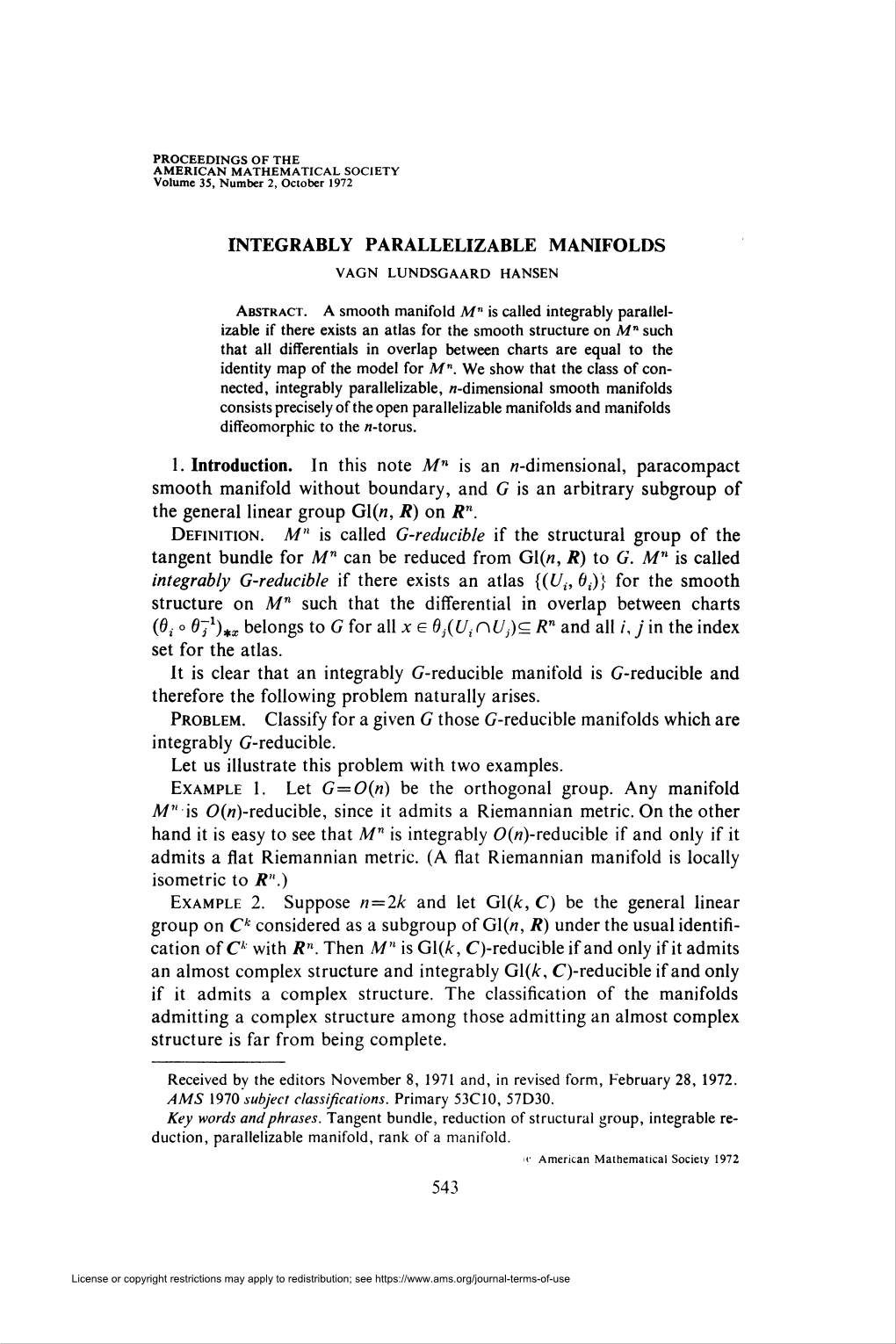 Integrably Parallelizable Manifolds Vagn Lundsgaard Hansen