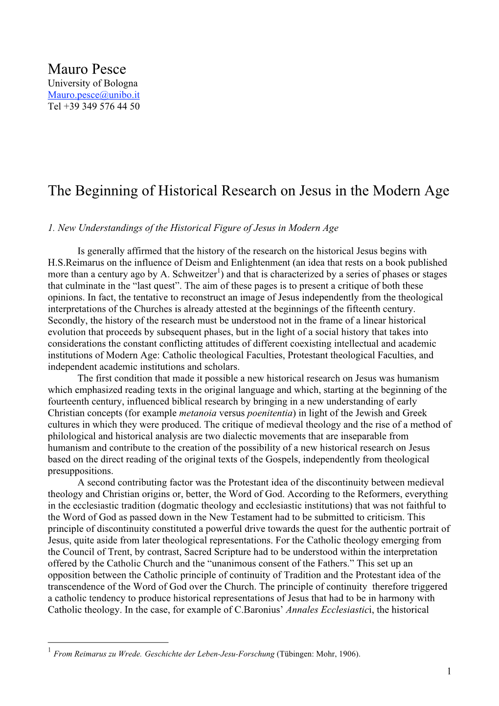 Mauro Pesce the Beginning of Historical Research on Jesus in The