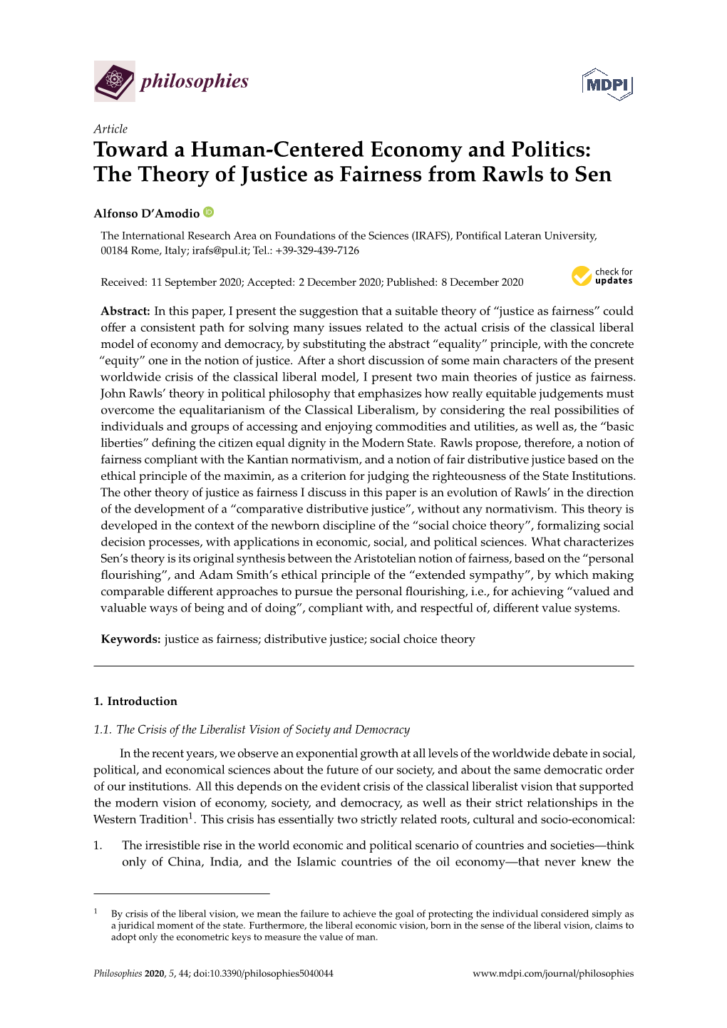 The Theory of Justice As Fairness from Rawls to Sen