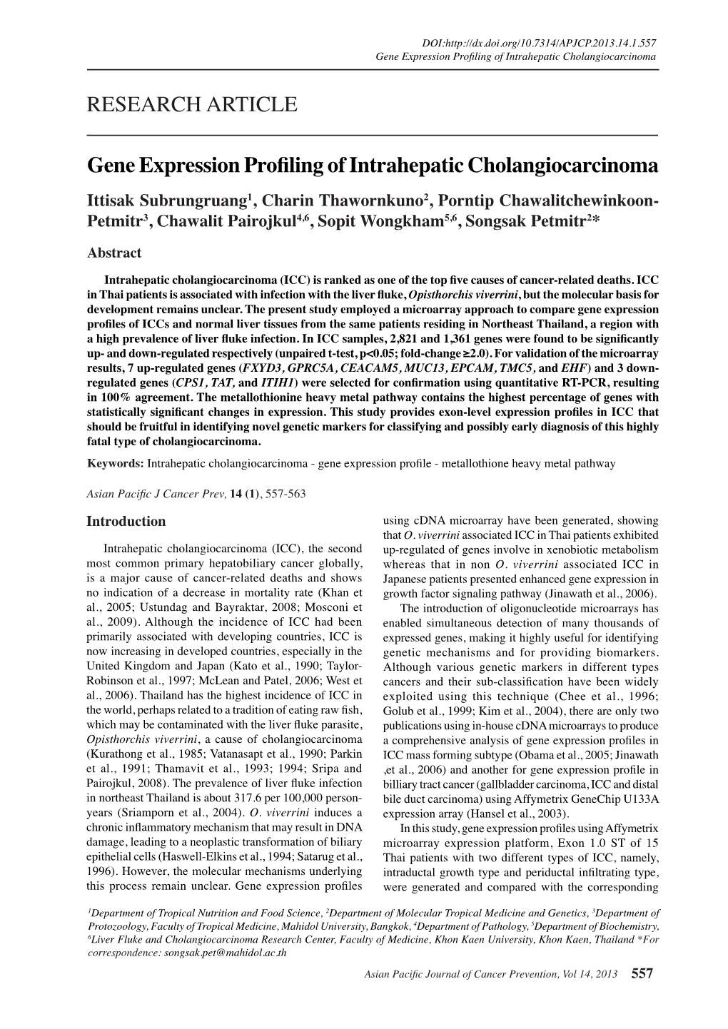 Gene Expression Profiling of Intrahepatic Cholangiocarcinoma