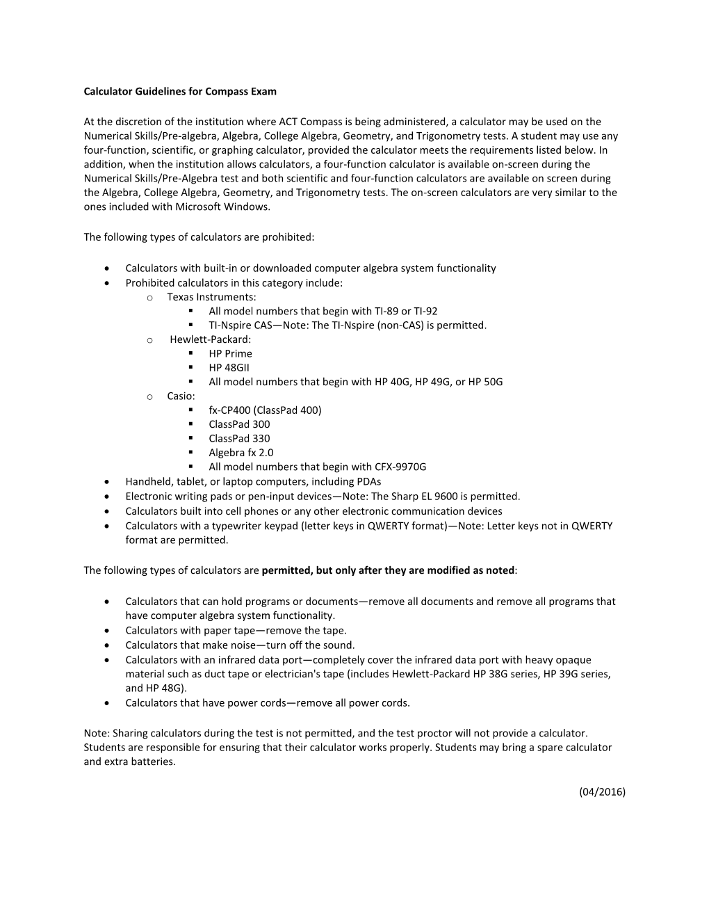 Calculator Guidelines for Compass Exam