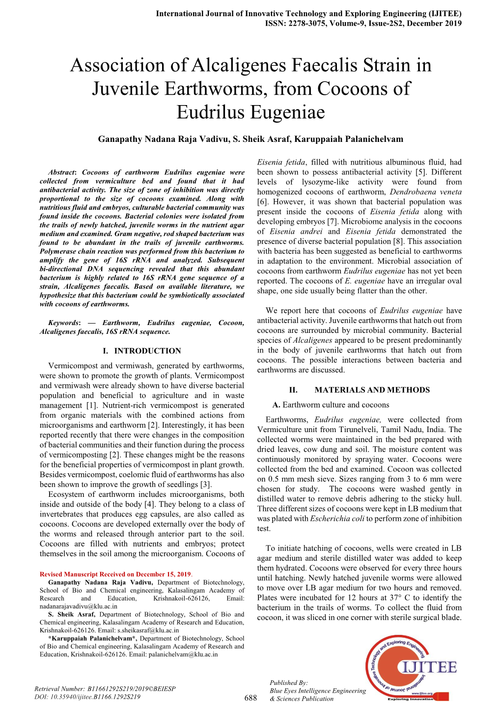 Association of Alcaligenes Faecalis Strain in Juvenile Earthworms, from Cocoons of Eudrilus Eugeniae