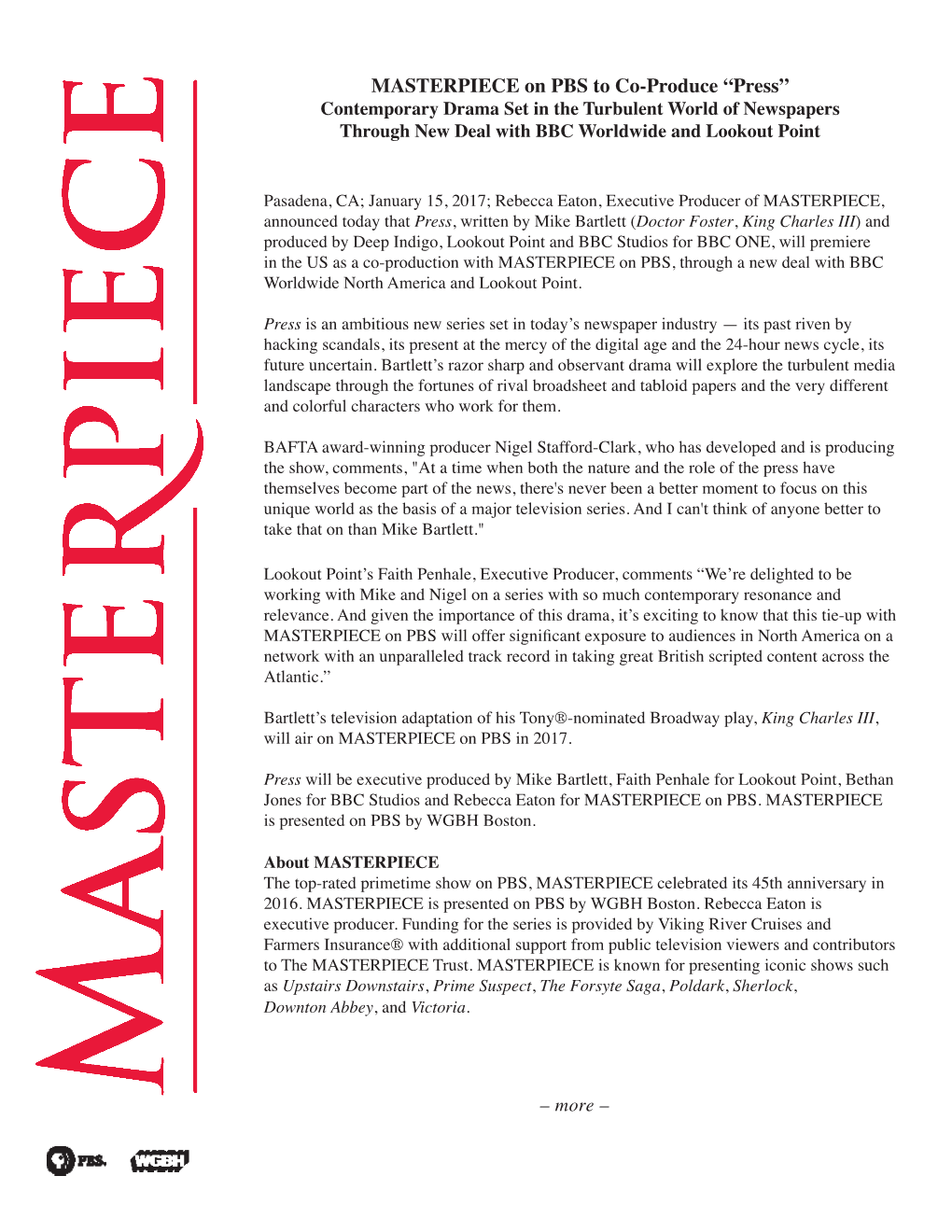 MASTERPIECE on PBS to Co-Produce “Press” Contemporary Drama Set in the Turbulent World of Newspapers Through New Deal with BBC Worldwide and Lookout Point