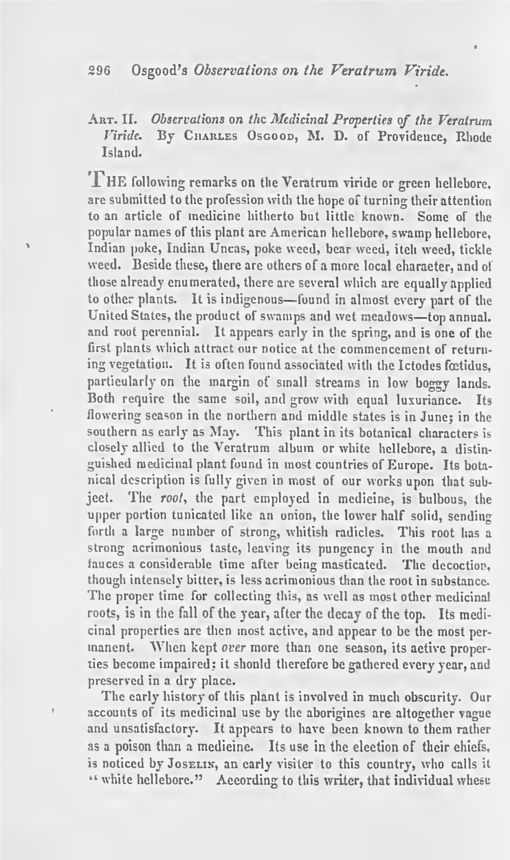 Art. II. Observations on the Medicinal Properties of the Veratrum Viride. by Charles Osgood, M