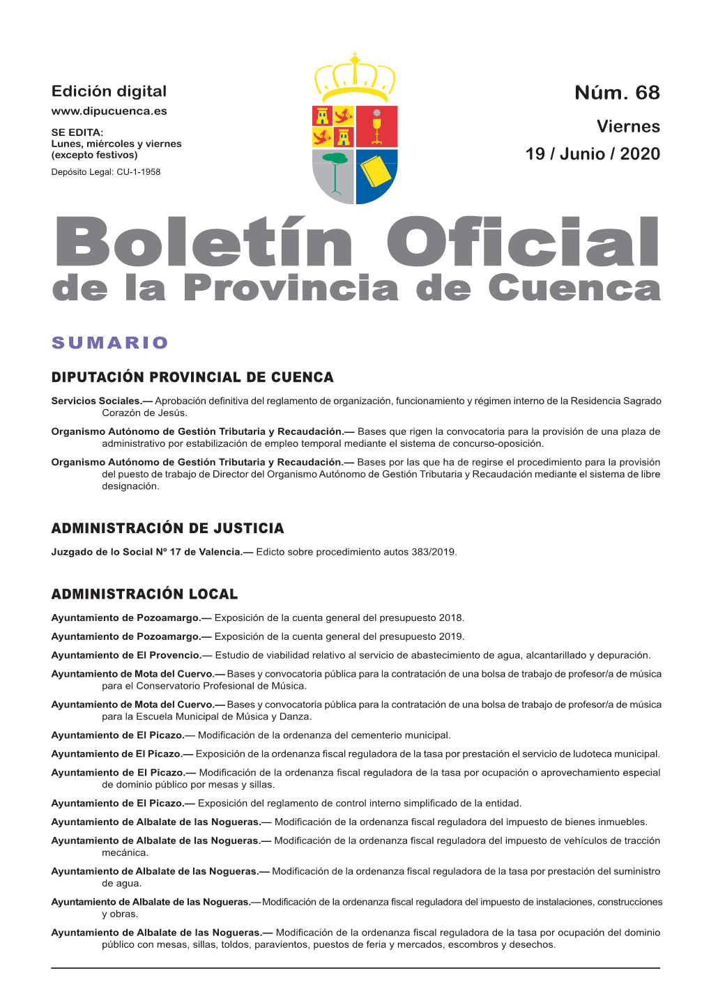 Boletín Oficial De La Provincia De Cuenca Sumario Diputación Provincial De Cuenca