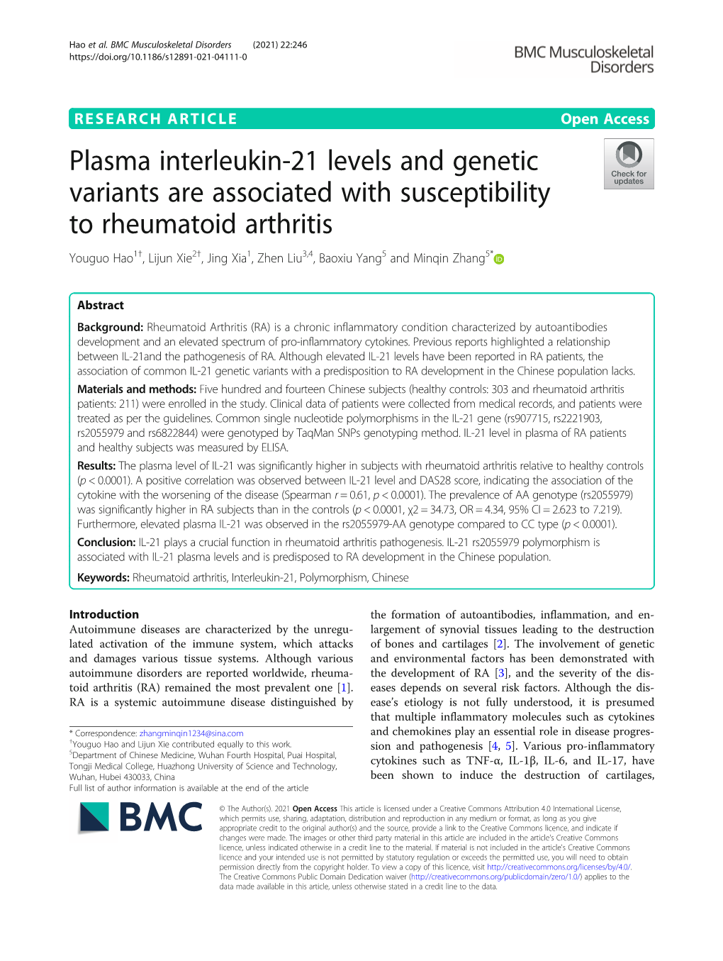 Plasma Interleukin-21 Levels and Genetic Variants Are Associated With