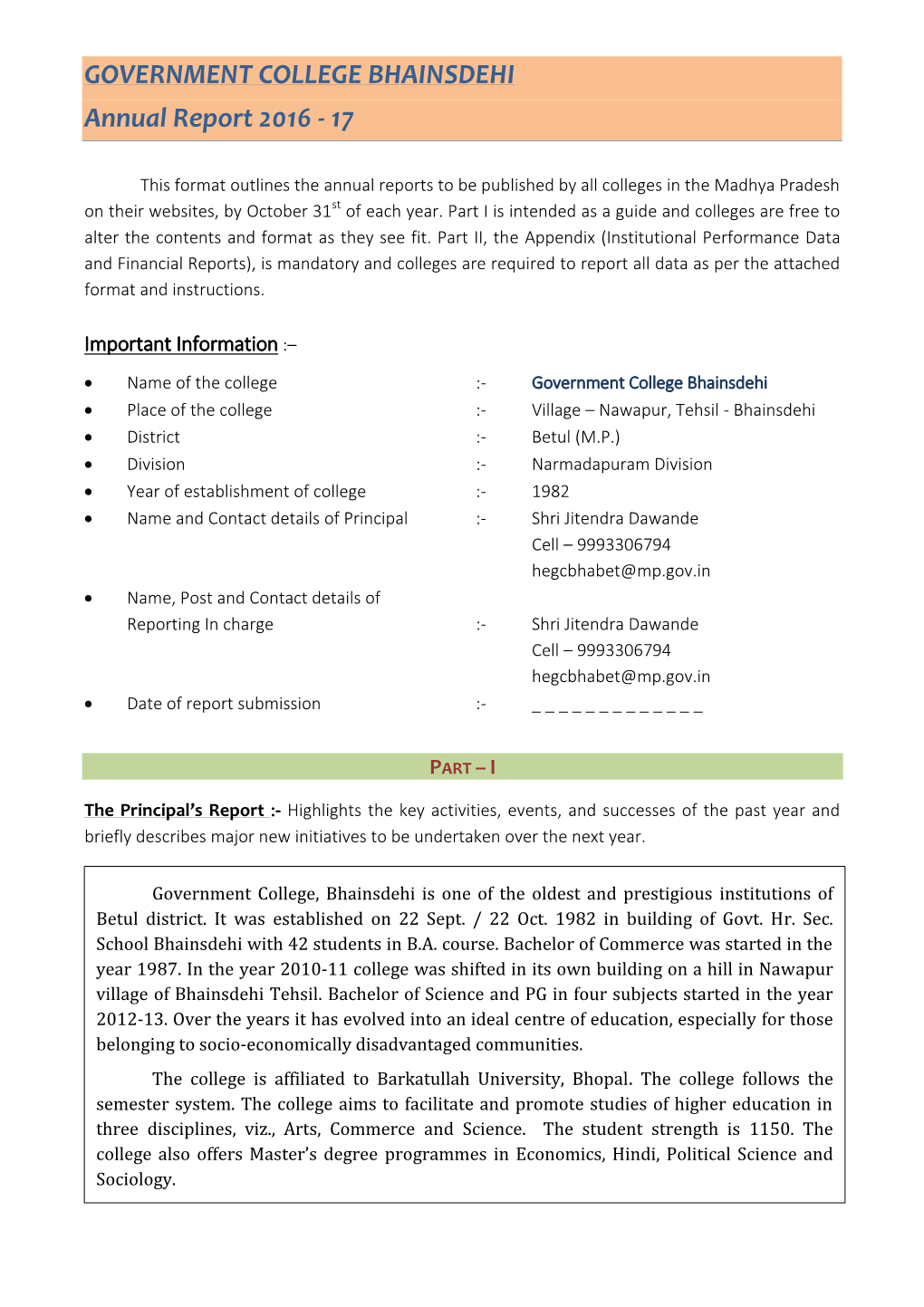 GOVERNMENT COLLEGE BHAINSDEHI Annual Report 2016 - 17