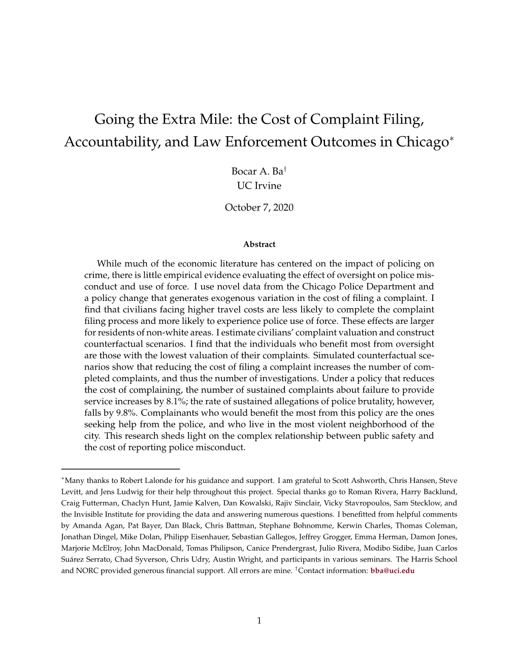 The Cost of Complaint Filing, Accountability, and Law Enforcement Outcomes in Chicagoъ