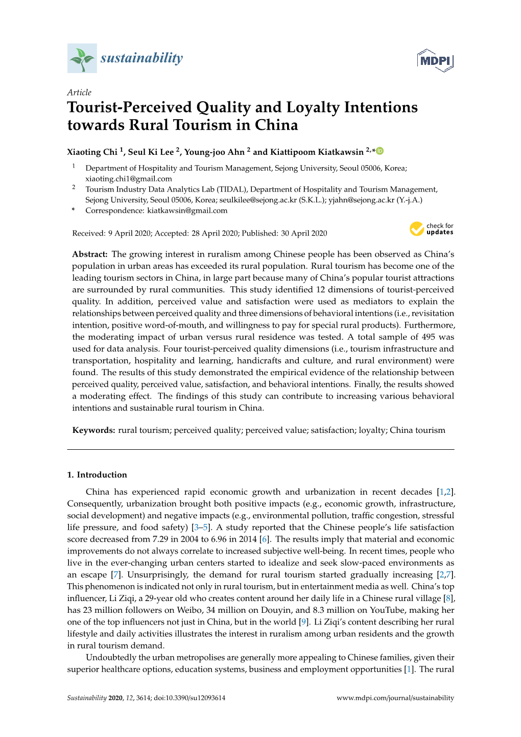 Tourist-Perceived Quality and Loyalty Intentions Towards Rural Tourism in China