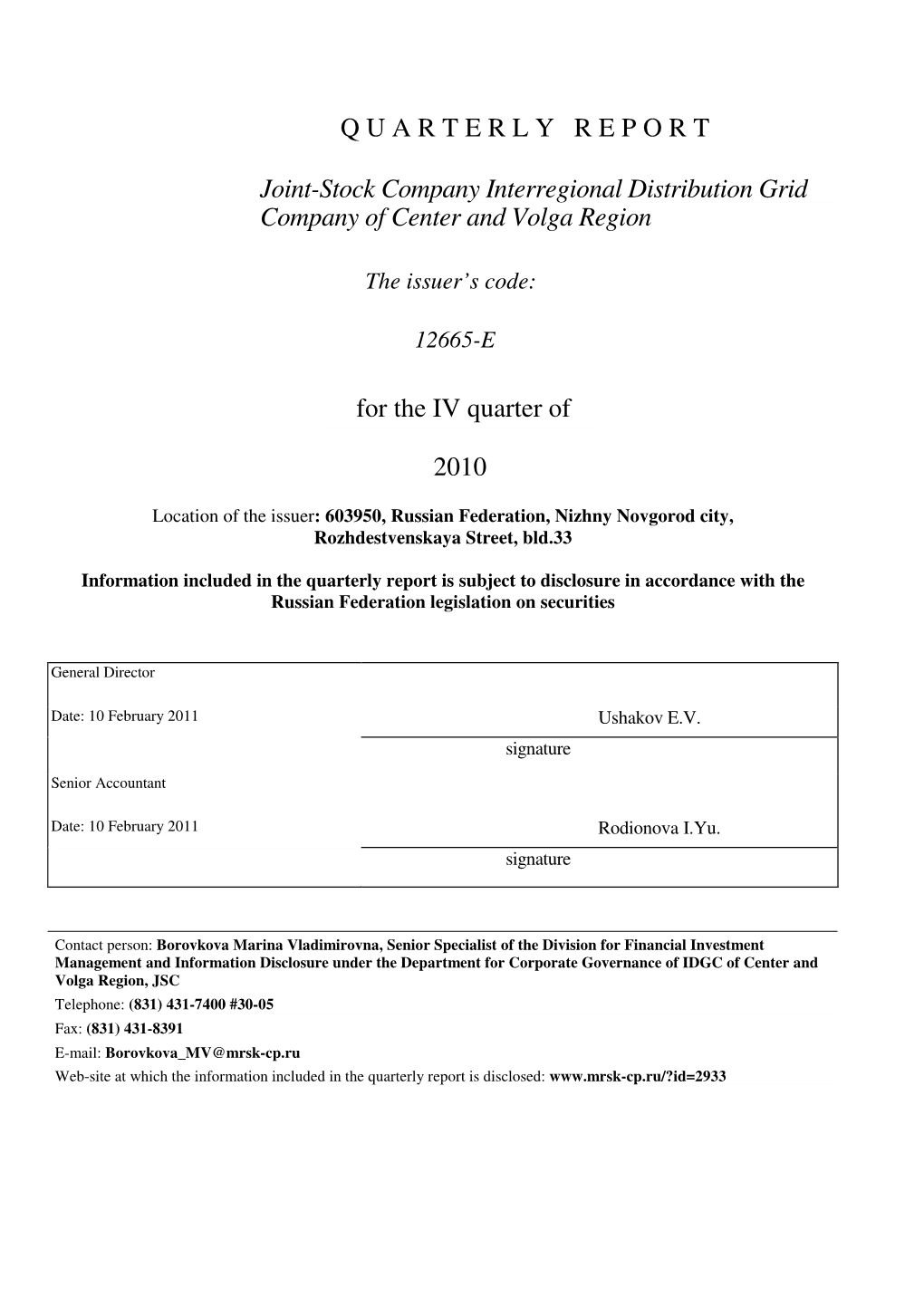 Q U a R T E R L Y R E P O R T Joint-Stock Company Interregional