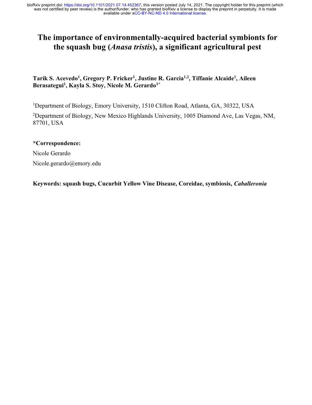 The Importance of Environmentally-Acquired Bacterial Symbionts for the Squash Bug (Anasa Tristis), a Significant Agricultural Pest