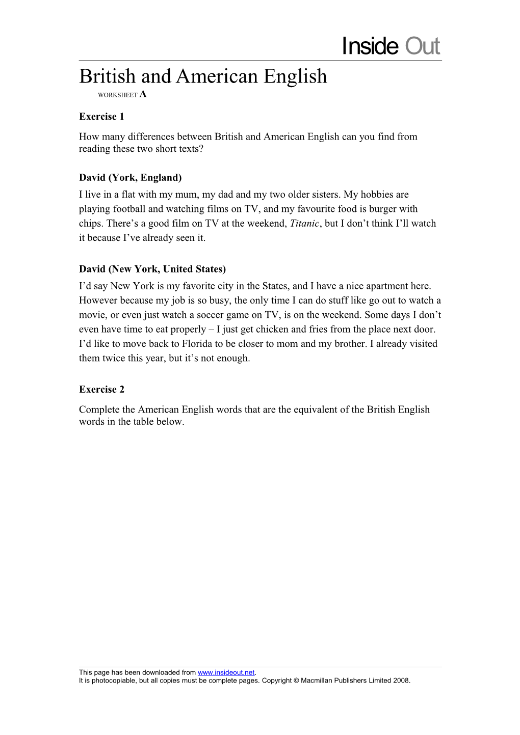 American and British English WORKSHEET A