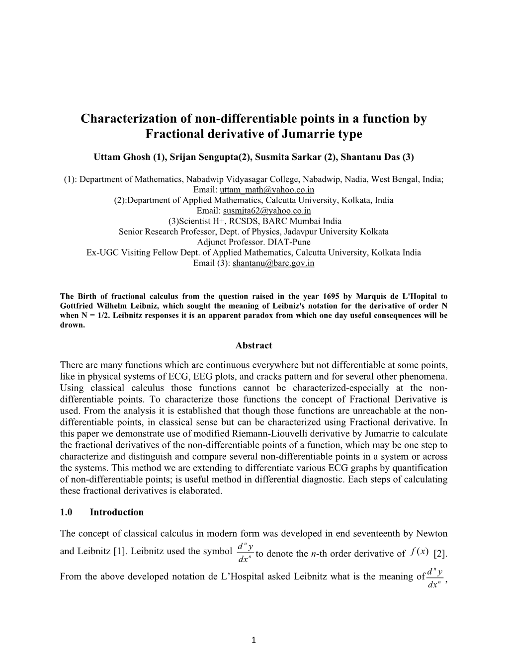 Characterization of Non-Differentiable Points in a Function by Fractional Derivative of Jumarrie Type