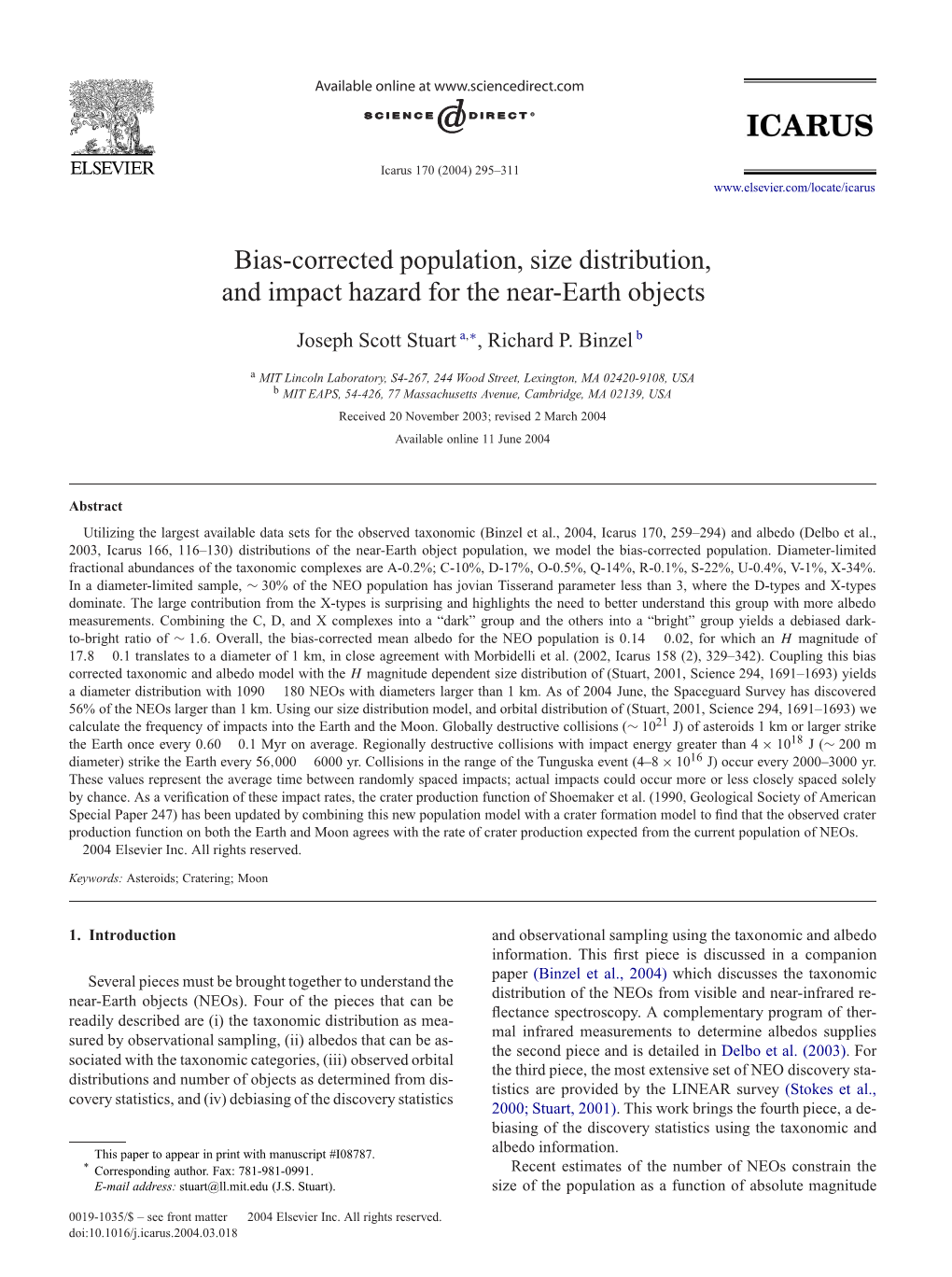 Bias-Corrected Population, Size Distribution, and Impact Hazard for the Near-Earth Objects ✩