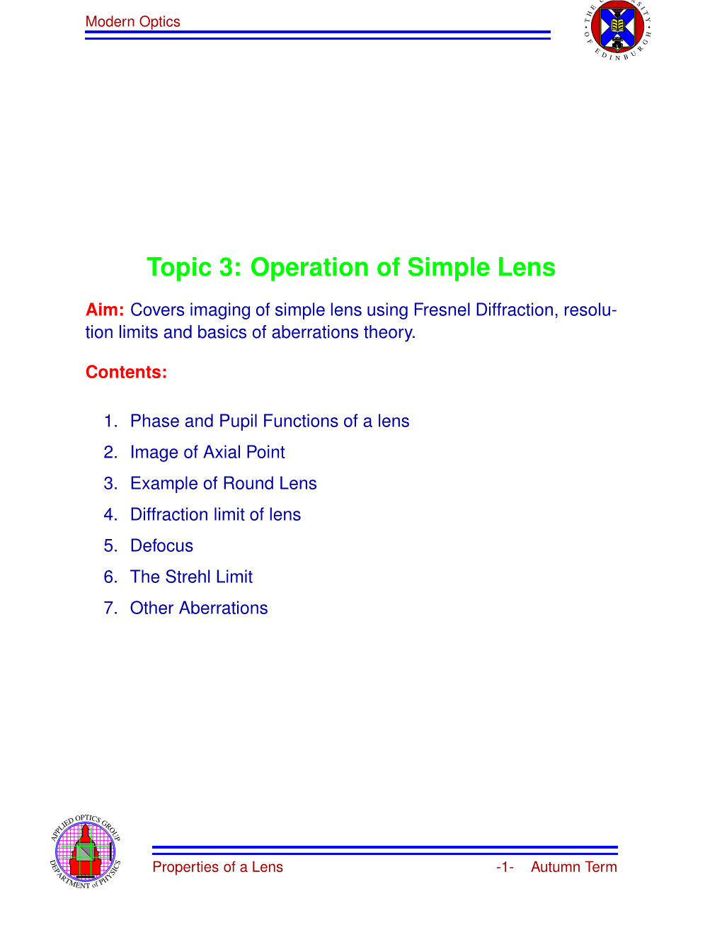 Topic 3: Operation of Simple Lens